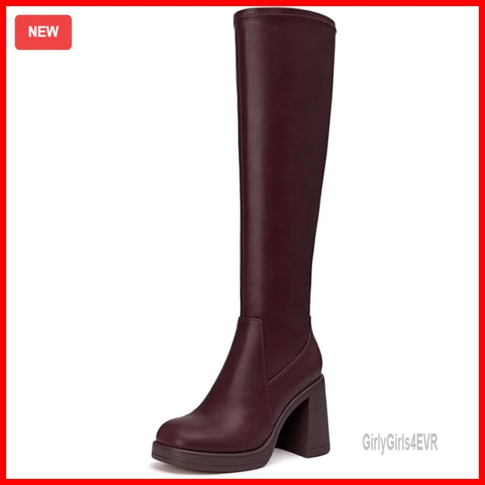 Knee High Boots Square Toe Platform Chunky Heel Stretchy Tall Boots